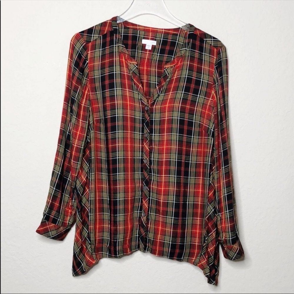 J.Jill Plaid Collarless Button Down Blouse